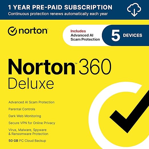 Norton 360 Deluxe 2025, Antivirus software for 5 Devices with Auto-Renewal