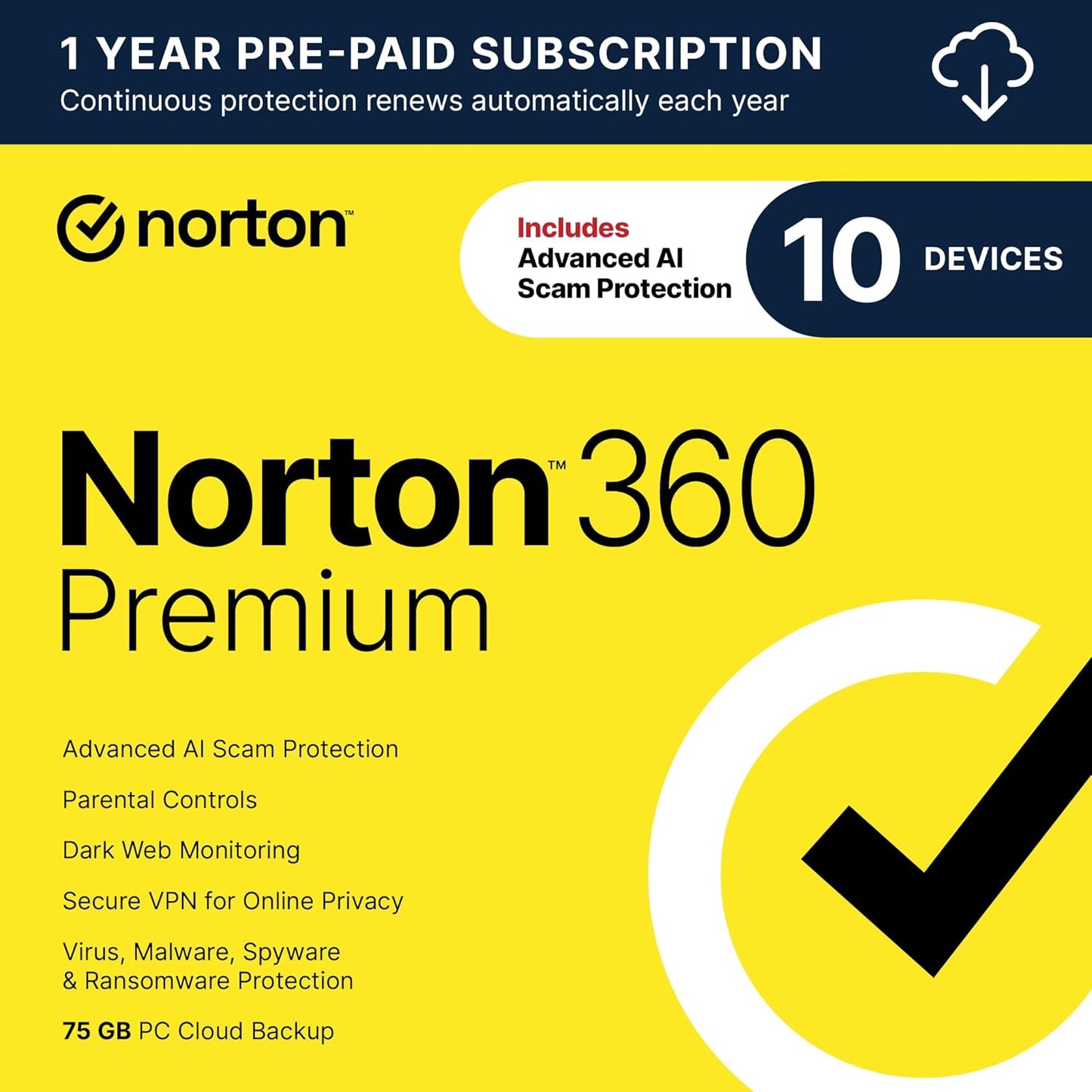 Norton 360 Premium 2026 (10 Devices) – Antivirus Software with VPN, AI Scam Protection, Dark Web Monitoring & PC Cloud Backup | Auto-Renew Subscription