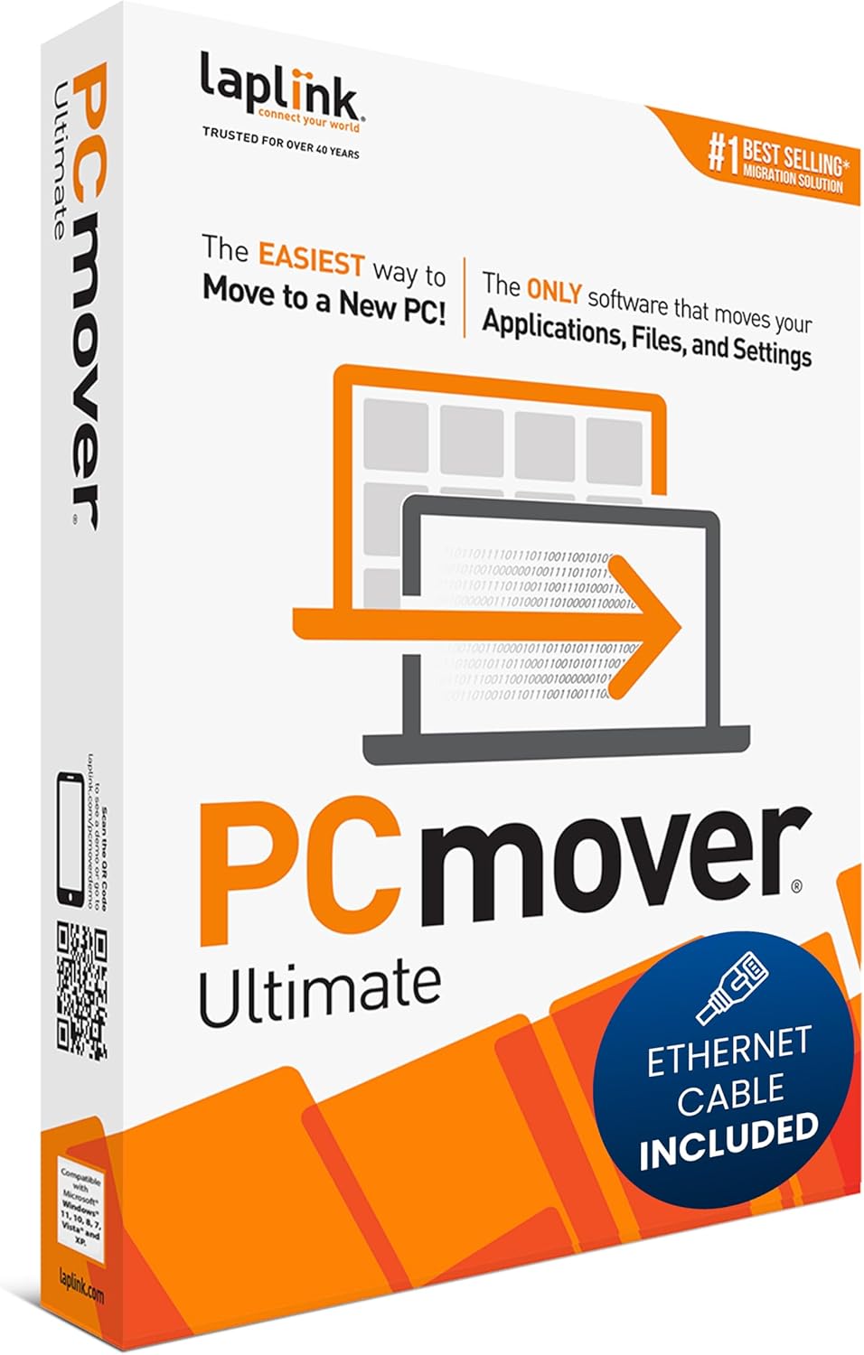 Laplink PCmover Ultimate 11 – Easy PC Migration Tool to Transfer Apps, Files & Settings to Your New Computer | Includes Optional High-Speed Ethernet Cable | 1 License