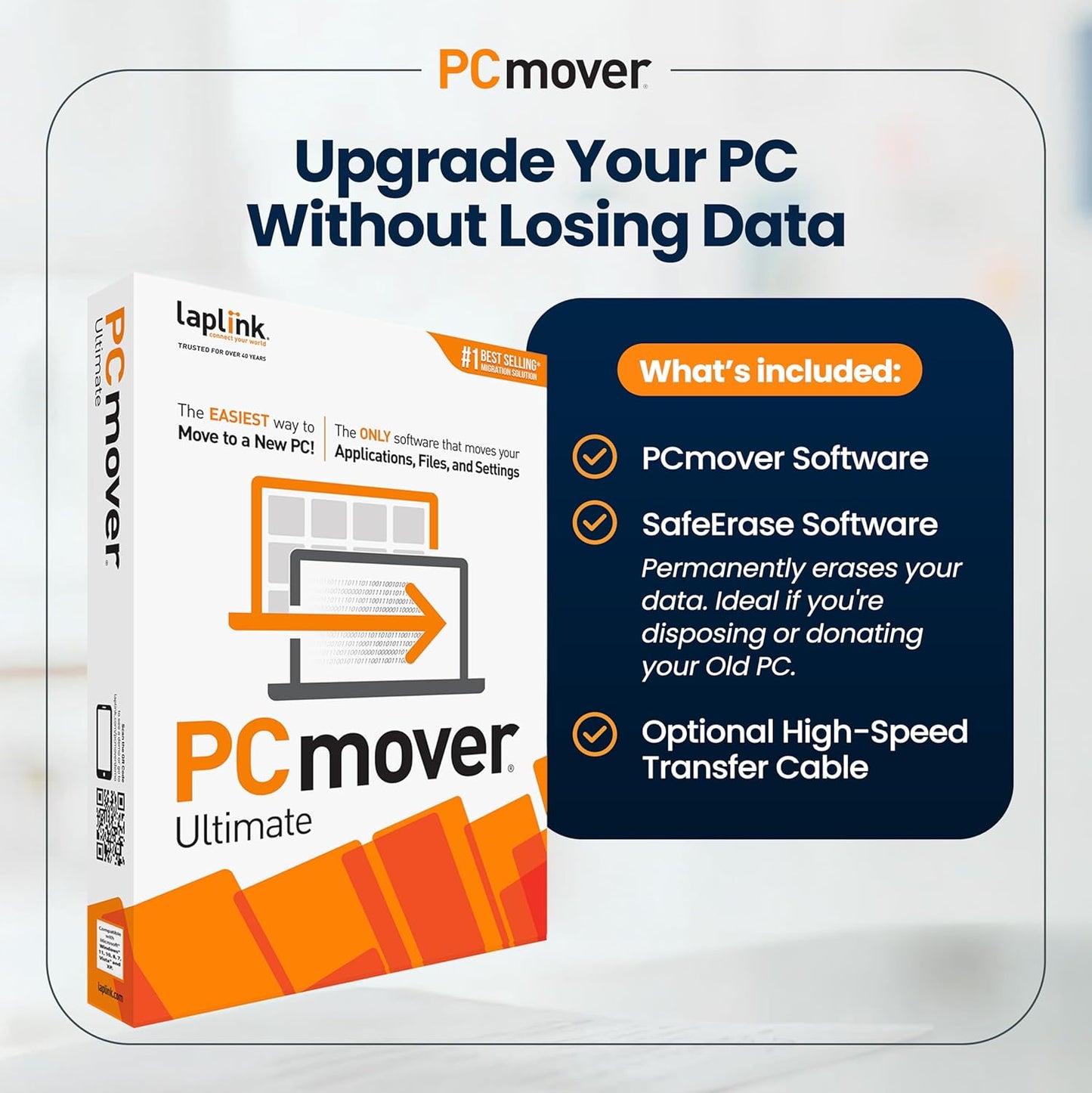 Laplink PCmover Ultimate 11 – Easy PC Migration Tool to Transfer Apps, Files & Settings to Your New Computer | Includes Optional High-Speed Ethernet Cable | 1 License