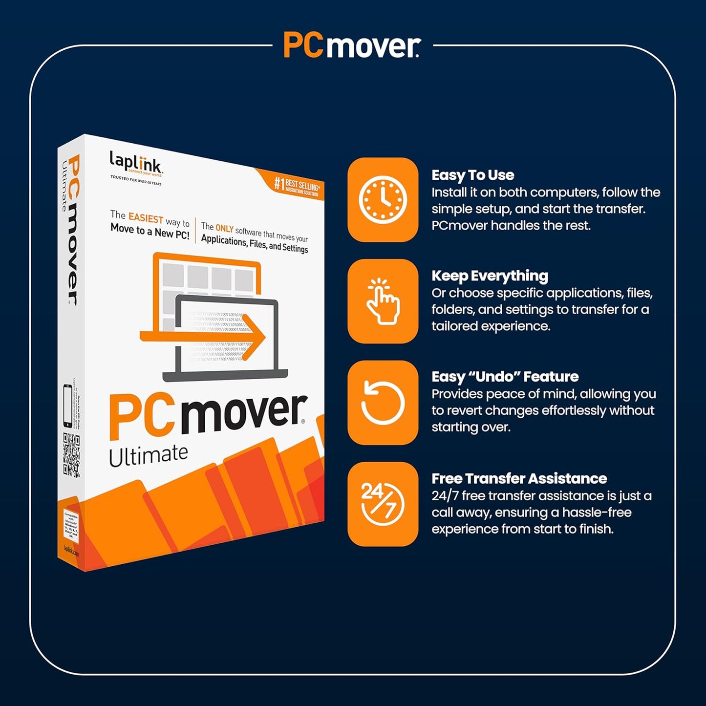 Laplink PCmover Ultimate 11 – Easy PC Migration Tool to Transfer Apps, Files & Settings to Your New Computer | Includes Optional High-Speed Ethernet Cable | 1 License